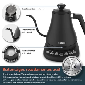 Kép 2/5 - Cosori Gooseneck Elektromos Vízforraló 5 egyedi beállítással Rozsdamentes Acél 0,8 L (Matt fekete) CO108-NK-EUR